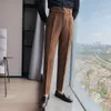 Men's Pants Fashion Trousers Man High Waist Khaki White Black Business Casual Suit Belt Cuffs Korean Clothing Solid Vertical Bottom