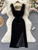 Casual Dresses Elegant Black Dress Fashion Fash Patch Work Belt Velvet Body Women's Party Tank Top P230530