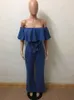 Women's Jumpsuits OKAYOASIS Sexy Women Slash Ruffles Neck One Piece Denim Casual Jumpsuit Wide Leg Leisure Straight Rompers