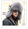 Men's Natural Fox Fur Hat Real Sheepskin Earmuffs Caps Winter Warm Headwear Natural Silver Fox