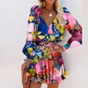 Tryps Dwuczęściowy sukienka Vintage Kolorowa kwiecista drukarna sukienka Kobieta wiosna lato Elegancka sznurka w szyku w szpic mini Sundress Casual Cover-Ups 230616