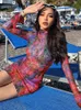 فساتين الحفلات SILM FIT Y2K Streetwear for Women Empire Collar Office Lady Full Bodycon Dress Print Print Mini Sexy vestidos cortos T230531