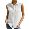 女性のブラウス95AB女性ボタンダウンシャツのノースリーブ襟付きビジネスカジュアルチュニックトップソリッドサマーワーク