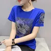 T-Shirts #7166 Summer T Shirt Women Diamonds Cotton Casual Hip Hop T Shirt Black White Blue Red Women Tee Shirts Slim Tshirt Korean Style