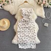 Casual Dresses Retro First Love Sweet Floral Suspender Super Fairy Waist Slimming Pleated Slit Dress