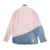 Chemises décontractées pour hommes chemise en jean Patchwork rose hommes Streetwear effiloché en détresse manteau ample mode Hip Hop
