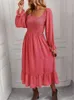 Casual Dresses Women's Puff Long Sleeve A-Line Midi Dress Off Shoulder Solid Flowy Ruffle Hem High Waist Square Neck Beach Cocktail