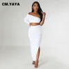 Work Dresses CM. Women Stacked Ruched Side Split Maxi Bodycon Midi Skirts Set And One Shoulder Crop Top Two 2 Piece Dress Outfits