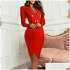 Basic Casual Dresses Elegant Party Women Dress Slim V Neck Long Sleeve Mid Calf Pencil Office Lady Solid Red Robe Drop Delivery Appare Dhmi3