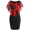 Casual klänningar plus storlek elegant kontor lady rose blomma tryck cape bodycon knälängd klänning