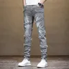 Jeans Hip Hop da uomo effetto consumato slim skinny grigio chiaro patchwork sfilacciato streetwear S abbigliamento pantaloni in denim stile punk