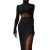 Work Dresses Skinny Turtleneck Long Sleeve Sexy Two Piece Set Women Midriff Crop Top Side Slits Bodycon Skirts Stretchy Robe Wedding Vestido