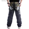 Calças masculinas Mens Baggy Jeans Reta Skate Asa Bordado Perna Larga Calças Jeans Hip Hop Nova Moda Street Dance Hip-Hop Rap Jeans Q231201