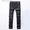 Calças masculinas comércio clássico retro jeans homens reto fino zíper decoração luz dobra skinny denim calças moda estiramento hip hop jogger jeans q231201