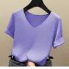 Women's T Shirts Summer Thin Ice Silk Plus Size Shirt Tops V Neck Short Sleeve Solid All-match Pullovers Street Casual Fashion Women