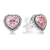 Studörhängen Autentisk 925 Sterling Silver Rose Sparkling Elevated Heart Love Earring With Pink Crystal For Women Diy Europe Jewelry