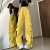 Pantalon Femme Pantalon Cargo Femme Y2k Streetwear Hip Hop Pantalon décontracté ample taille haute américaine grandes poches à lacets filles jaune rose noir