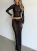 Work Dresses Lace Floral Sheer Mesh 2 Piece Set Long Sleeve Crop Top High Waist Midi Skirt Suits Y2K Outifts Streetwear Party Beachwear