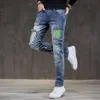 Patchwork masculino fino azul estiramento hip hop angustiado jeans impresso streetwear moto calças jeans s roupas