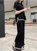 Kvinnors tvåbitar byxor Summer Fashion Elegant Casual Knitted Black Tracksuit Women Vintage Pullover Tops Wide-Ben 2 Pieces Female Solid