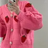 Kvinnors stickor Vintage Loose Fashion Grunge Sweater Jacket V Neck Strawberry Brodery Cardigan Y2K Single-Breasted High Street Chic