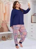 Kvinnors sömnkläder plus storlek Kvinnor Pyjama Ställ långärmad Scroop Neck Top Tee Plaid Pants 2 stycken Kvinnlig kausal hemkläder nattkläder