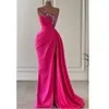 Arabische Aso Ebi Zeemeermin Hot Pink Prom Dress Kralen Kristallen Avondjurken Feather Verjaardag Engagement Tweede Jurk Jurk Vrouwen Formele Slijtage