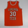 Mens Vintage Dell Curry 30 Virginia Tech Hokies College basketbalshirts oranje NCAA Ed Shirts S-XXL