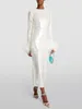 Casual Jurken Vrouwen O Hals Lange Mouw Luxe Sequin Feather Midi Jurk Elegante Celebrity Witte Lovertjes Bodycon Avondfeest Club