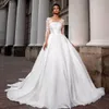 Modest White Satin A Line Scoop Wedding Dresses Juvel Neck Cap Long Sleeves Princess Bridal Ball Gowns Vestidos de Novia yd 328 328