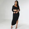 Work Dresses CM. Women Stacked Ruched Side Split Maxi Bodycon Midi Skirts Set And One Shoulder Crop Top Two 2 Piece Dress Outfits