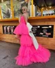 Fashion Pink High Low Prom Party Dress 2024 Gorgeous Strapless Sleeveless Tiered Ruffles Tulle Evening Formal Birthday Gowns Robe De Soiree Custom Made