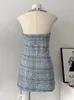 Casual klänningar sommar ärmlös mode korea tweed sexig pärlhalter hals klänning för kvinnor elegant en linje rutig mini vestidos