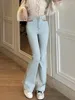 Jean taille haute élastique pour femme, Slim, léger, évasé, ajouré, bleu ciel, pantalon Y2k, vêtements pour femmes