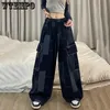 Women's Jeans Vintage Baggy Jeans Woman Japanese Chic Wide Leg Pants Vintage Patchwork Plaid Pocket Trouser Streetwear Y2k Clothes Full Lengthzln231201