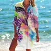 Chemisier imprimé étoile de mer pour femmes, chemise boutonnée à manches longues, chemises amples à la mode, protection solaire, vêtements d'extérieur de vacances