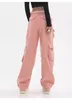 Damesjeans roze cargobroek hoge taille recht casual baggy Y2K wijde pijpen grunge streetwear stijl denim broek