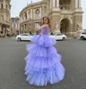 Luxury Lavender High Low Prom Party Dress 2024 V-ringad ärmlös veck