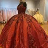 Vermelho brilhante quinceanera vestidos mexicano com decote em v rendas espartilho fora do ombro apliques rendas contas de luxo princesa vestidos 15 de xv anos