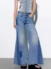 Women s Jeans ZBZA Autumn Patchwork Denim Big Flare Pants Vintage Zipper Streetwear Pocket Wide Leg Tassels Mid Waist 231201