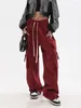 Women's Pants Zoki American Retro Red Hip Hop Cargo Women Fashion Streetwear Loose High Waist BF Wide Leg Y2K Straight Trousers