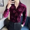 Camisas casuais masculinas roxo rosa flanela camisas para homens luxo flor impressão de manga comprida slim fit veludo mens vestido camisa clube palco baile roupas masculinas 231201