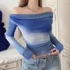 Women's Blouses Fashion Off-Shoulder Crop Tops Gradient Ruched Long Sleeve Blouse Shirt Casual Pullover For Club Streetwear