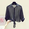 Women's Blouses Fashion Lapel Button Solid Color All-match Bandage Shirt Clothing 2023 Summer Casual Tops Loose Office Lady Blouse