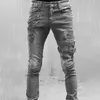 Jeans masculinos em linha reta homens moda magro rasgado buraco com bolso zip streetwear preto casual bonito denim calças