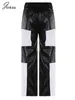 Pantalon Femme Joskaa Patchwork Moto Style Pu Cuir Pantalon Femmes Hipster V-Forme Taille Extensible Droite 2023 Y2K Streetwear