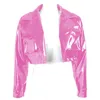 Vestes pour femmes Mode Vinyle PVC Cuir Collier de revers Poche Courte Club Party Lady Wet Look Manteau à manches longues Femmes Streetwear