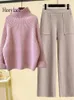 Womens Two Piece Pants Autumn and Winter Warm Set Elegant Turtle Neck Sticked Loose Sweater Woolen 4XL 231201