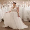 Elegante abito da sposa taglie forti da spiaggia Una linea o collo Illsuion Manica lunga Boho Abito da sposa rustico country Principessa Tulle Abito da sposa bohémien bianco Bottone Mariage