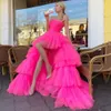 Fashion Pink High Low Prom Party Dress 2024 Gorgeous Strapless Sleeveless Tiered Ruffles Tulle Evening Formal Birthday Gowns Robe De Soiree Custom Made